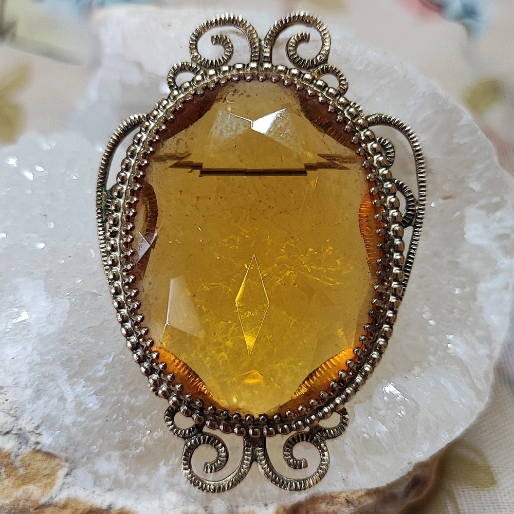 Oversized 41mm Vintage Light Topaz Stone Faceted Brooch Czech? West Germany?